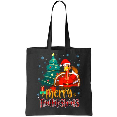 Merry Thanksmas Funny Turkey Santa Christmas Thanksgiving Tote Bag