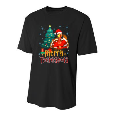 Merry Thanksmas Funny Turkey Santa Christmas Thanksgiving Youth Performance Sprint T-Shirt