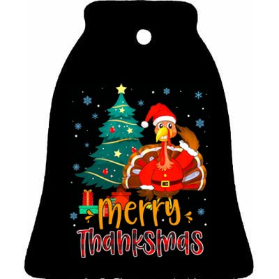 Merry Thanksmas Funny Turkey Santa Christmas Thanksgiving Ceramic Bell Ornament