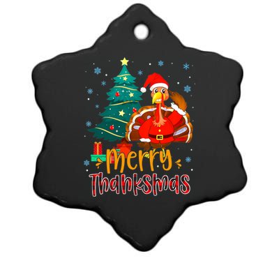 Merry Thanksmas Funny Turkey Santa Christmas Thanksgiving Ceramic Star Ornament