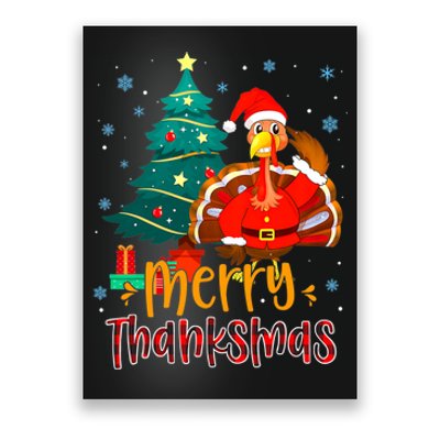 Merry Thanksmas Funny Turkey Santa Christmas Thanksgiving Poster