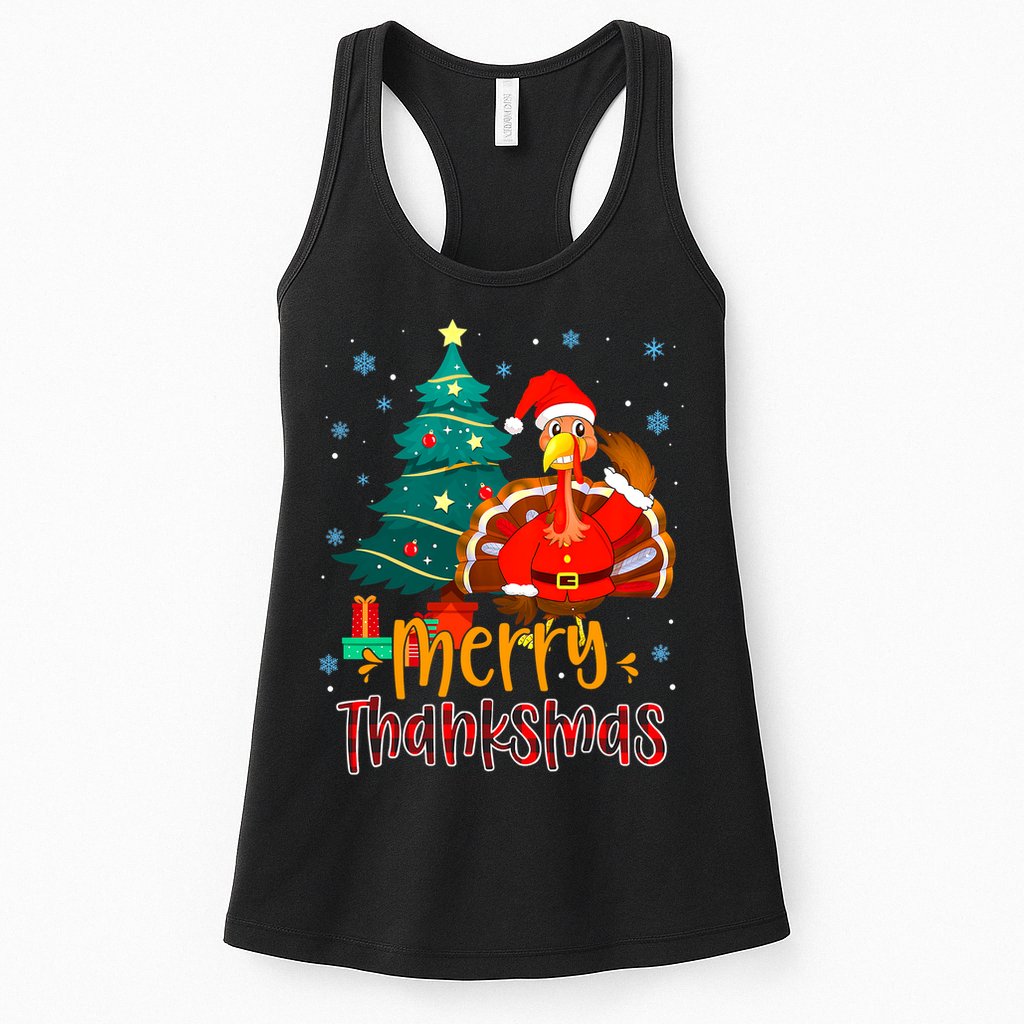 Merry Thanksmas Funny Turkey Santa Christmas Thanksgiving Womens Tank Top