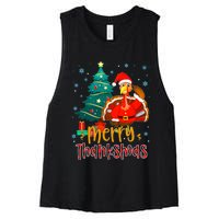 Merry Thanksmas Funny Turkey Santa Christmas Thanksgiving Women's Racerback Cropped Tank