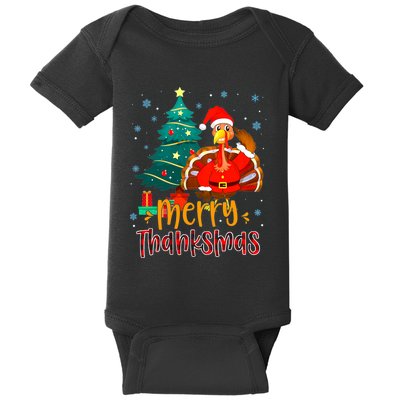 Merry Thanksmas Funny Turkey Santa Christmas Thanksgiving Baby Bodysuit