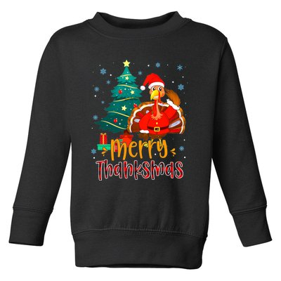 Merry Thanksmas Funny Turkey Santa Christmas Thanksgiving Toddler Sweatshirt