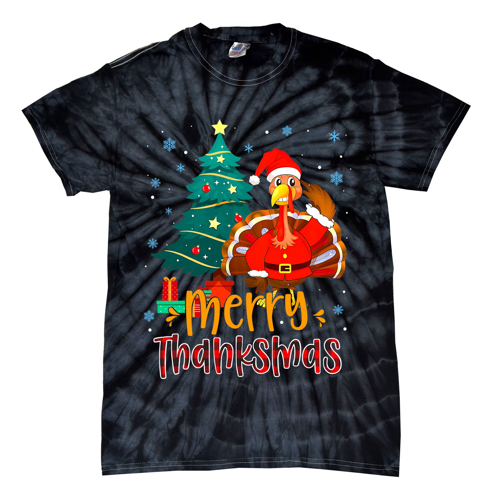 Merry Thanksmas Funny Turkey Santa Christmas Thanksgiving Tie-Dye T-Shirt