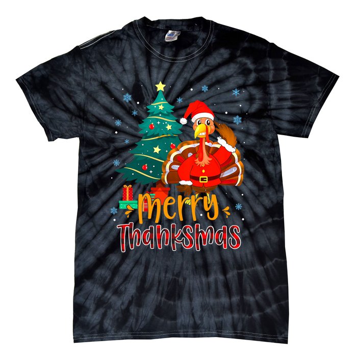 Merry Thanksmas Funny Turkey Santa Christmas Thanksgiving Tie-Dye T-Shirt