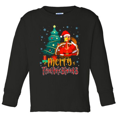 Merry Thanksmas Funny Turkey Santa Christmas Thanksgiving Toddler Long Sleeve Shirt