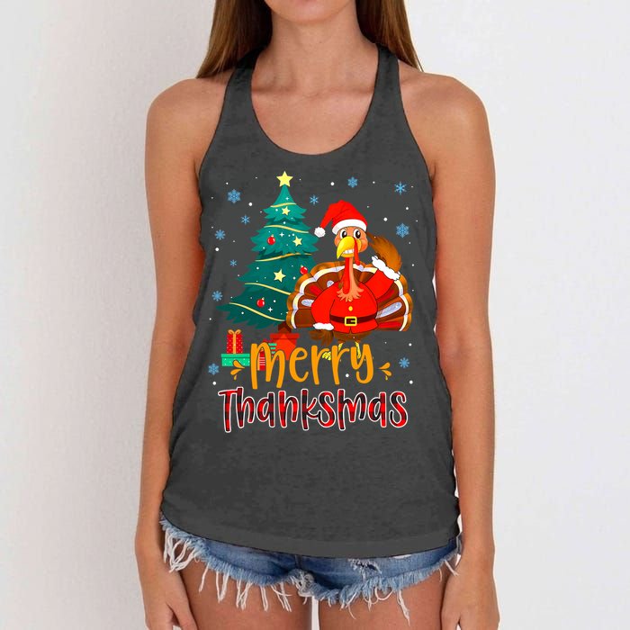 Merry Thanksmas Funny Turkey Santa Christmas Thanksgiving Women's Knotted Racerback Tank