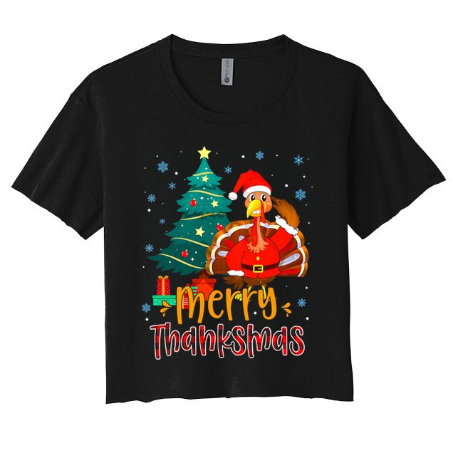 Merry Thanksmas Funny Turkey Santa Christmas Thanksgiving Crop Top