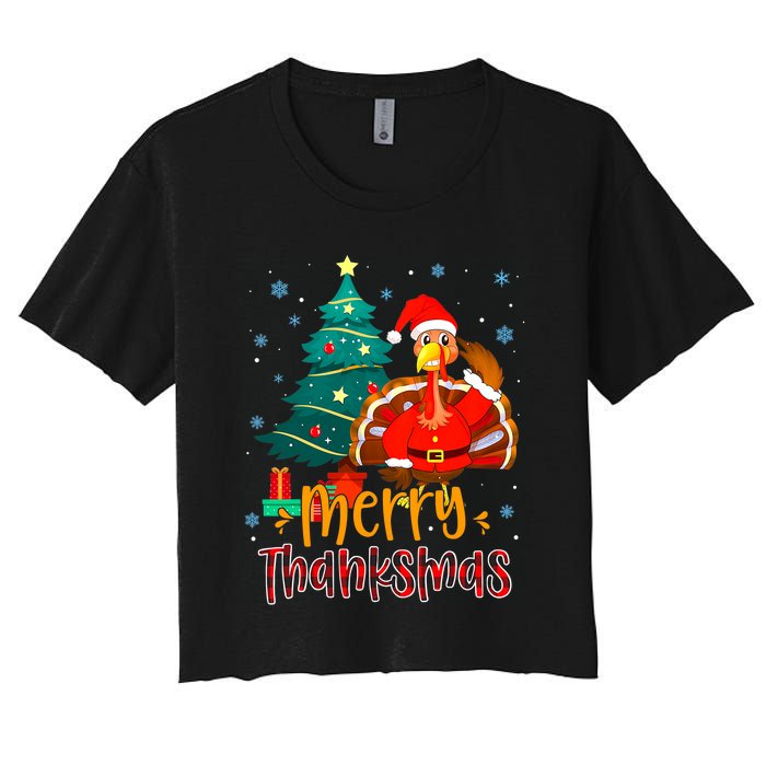 Merry Thanksmas Funny Turkey Santa Christmas Thanksgiving Women's Crop Top Tee