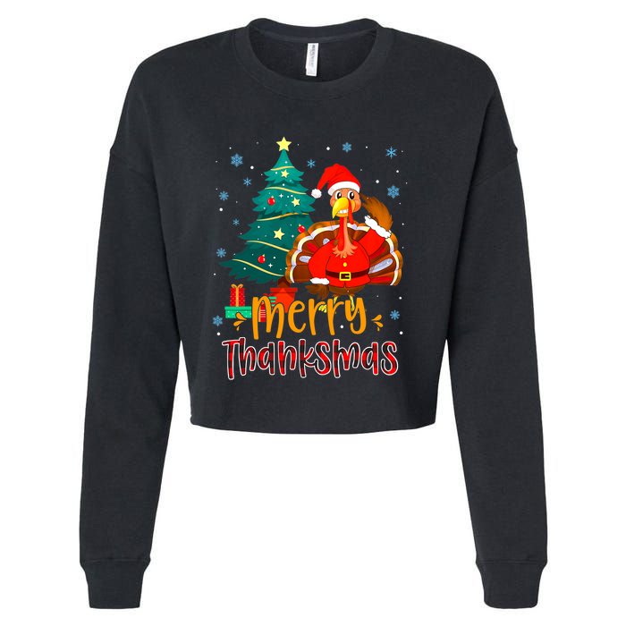 Merry Thanksmas Funny Turkey Santa Christmas Thanksgiving Cropped Pullover Crew