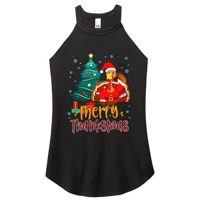 Merry Thanksmas Funny Turkey Santa Christmas Thanksgiving Women's Perfect Tri Rocker Tank