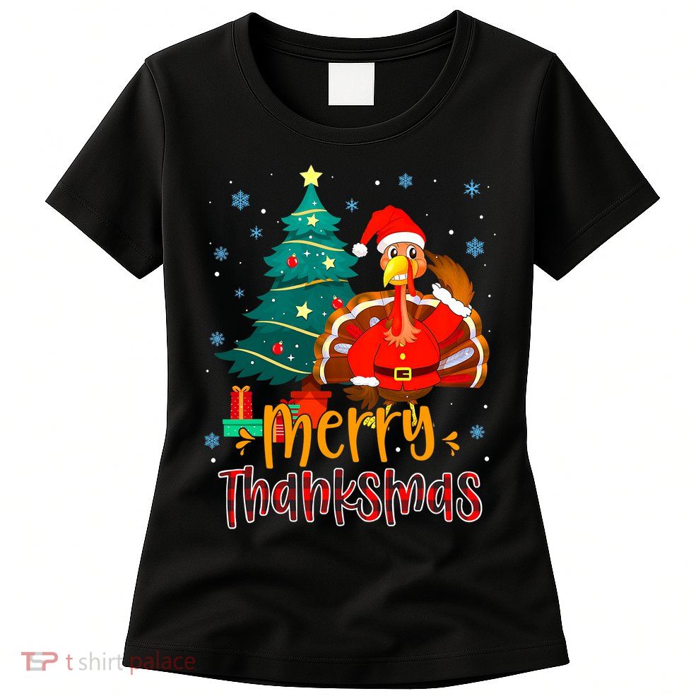 Merry Thanksmas Funny Turkey Santa Christmas Thanksgiving Womens T-Shirt