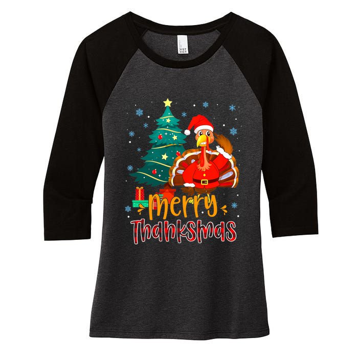 Merry Thanksmas Funny Turkey Santa Christmas Thanksgiving Women's Tri-Blend 3/4-Sleeve Raglan Shirt