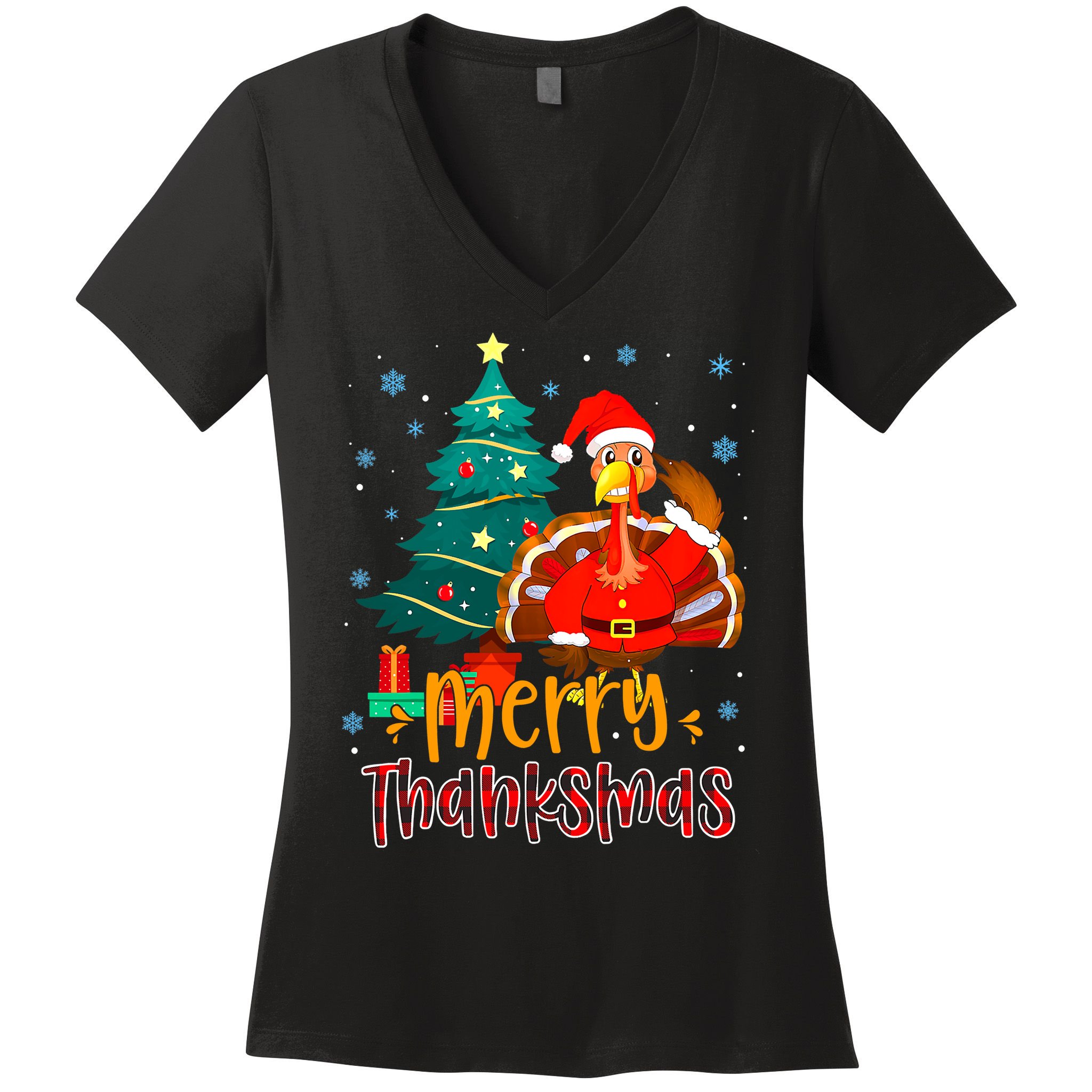 Merry Thanksmas Funny Turkey Santa Christmas Thanksgiving Women's V-Neck T-Shirt