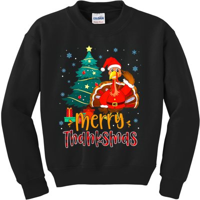 Merry Thanksmas Funny Turkey Santa Christmas Thanksgiving Kids Sweatshirt