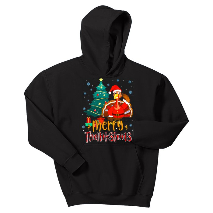 Merry Thanksmas Funny Turkey Santa Christmas Thanksgiving Kids Hoodie