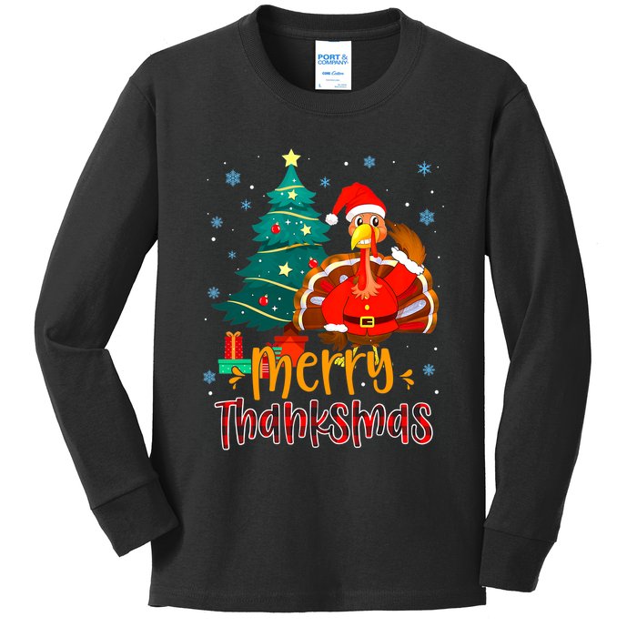 Merry Thanksmas Funny Turkey Santa Christmas Thanksgiving Kids Long Sleeve Shirt