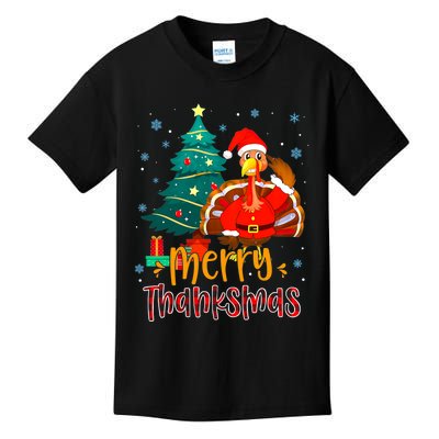 Merry Thanksmas Funny Turkey Santa Christmas Thanksgiving Kids T-Shirt