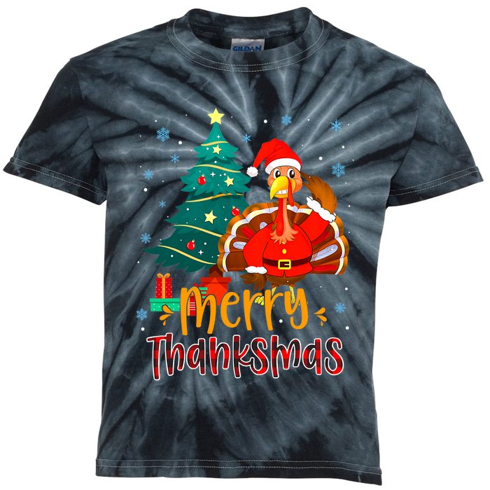 Merry Thanksmas Funny Turkey Santa Christmas Thanksgiving Kids Tie-Dye T-Shirt