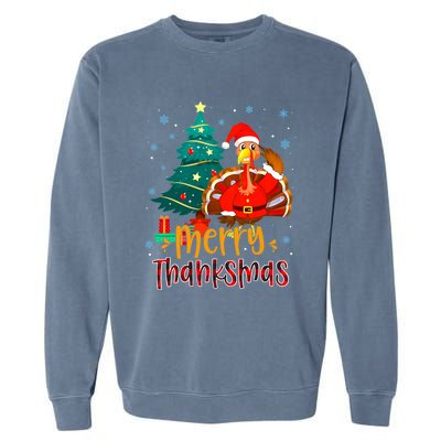 Merry Thanksmas Funny Turkey Santa Christmas Thanksgiving Garment-Dyed Sweatshirt