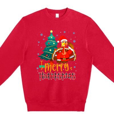 Merry Thanksmas Funny Turkey Santa Christmas Thanksgiving Premium Crewneck Sweatshirt