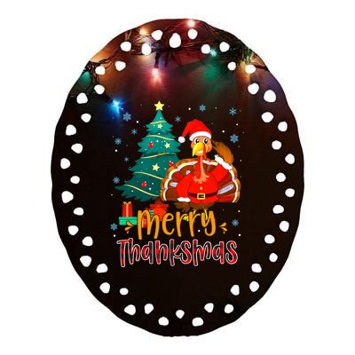 Merry Thanksmas Funny Turkey Santa Christmas Thanksgiving Ceramic Oval Ornament