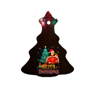 Merry Thanksmas Funny Turkey Santa Christmas Thanksgiving Ceramic Tree Ornament