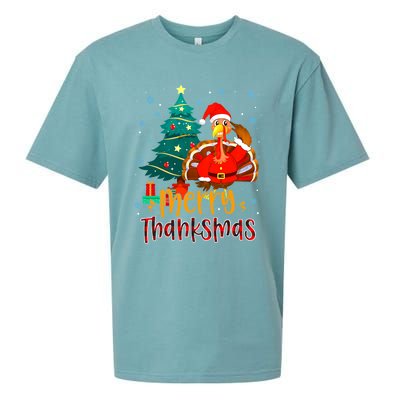 Merry Thanksmas Funny Turkey Santa Christmas Thanksgiving Sueded Cloud Jersey T-Shirt