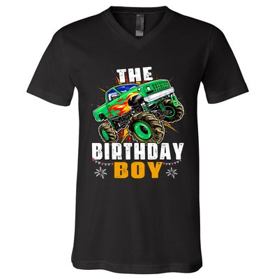 Monster Truck Family Matching The Birthday Boy V-Neck T-Shirt