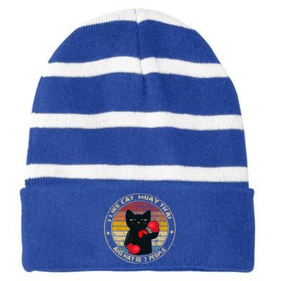 Muay Thai Funny Cat Kickboxing Thailand Boxing Cat Boxing Striped Beanie with Solid Band