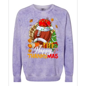 Merry Thanksmas Football Santa Hat Thanksgiving Christmas Colorblast Crewneck Sweatshirt