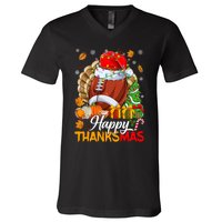 Merry Thanksmas Football Santa Hat Thanksgiving Christmas V-Neck T-Shirt