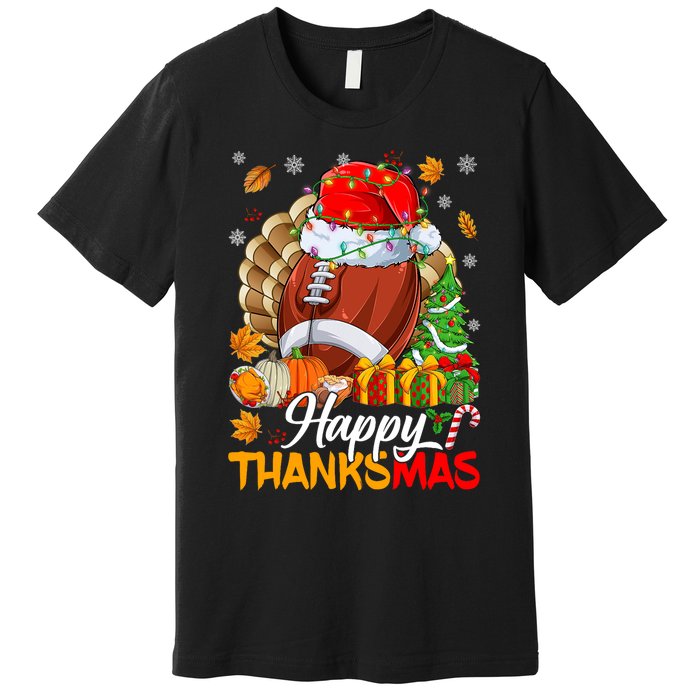 Merry Thanksmas Football Santa Hat Thanksgiving Christmas Premium T-Shirt