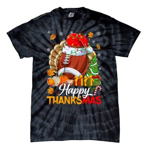 Merry Thanksmas Football Santa Hat Thanksgiving Christmas Tie-Dye T-Shirt