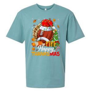 Merry Thanksmas Football Santa Hat Thanksgiving Christmas Sueded Cloud Jersey T-Shirt