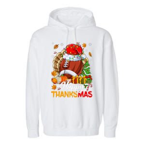 Merry Thanksmas Football Santa Hat Thanksgiving Christmas Garment-Dyed Fleece Hoodie