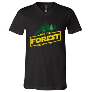 May The Forest Be With You Funny Earth Day Camping Space Pun V-Neck T-Shirt