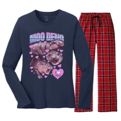 Moodeng The Famous Baby Pigmy Hippo Moodeng Meme Emotional Face Women's Long Sleeve Flannel Pajama Set 