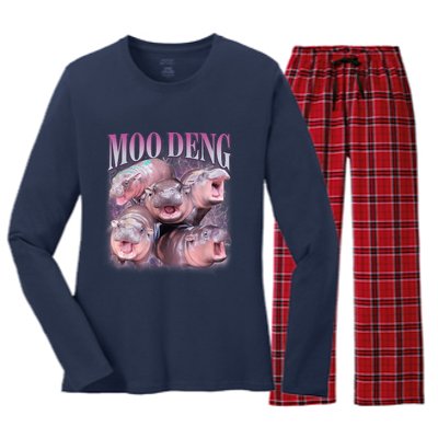 Moodeng The Famous Baby Pigmy Hippo Moodeng 5 Faces Emotional Meme Women's Long Sleeve Flannel Pajama Set 