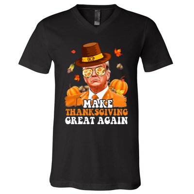 Make Thanksgiving Great Again Autumn Fall Leaves Trump Funny V-Neck T-Shirt