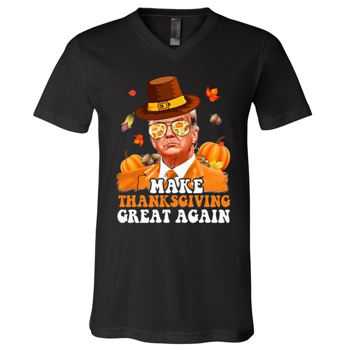 Make Thanksgiving Great Again Autumn Fall Leaves Trump Funny V-Neck T-Shirt