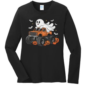 Monster Truck Ghost Pumpkin Halloween Costume Ladies Long Sleeve Shirt