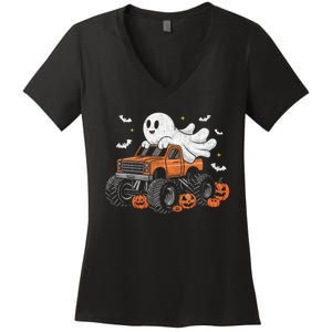 Monster Truck Ghost Pumpkin Halloween Costume Women's V-Neck T-Shirt