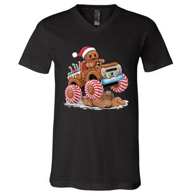 Monster Truck Gingerbread Man Funny Christmas Baking V-Neck T-Shirt