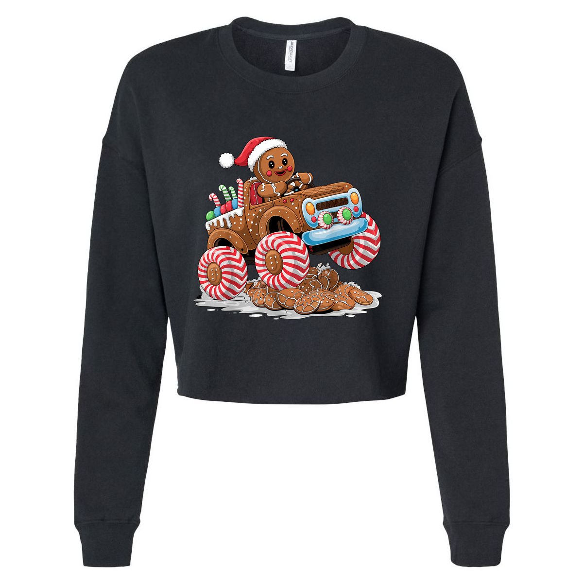 Monster Truck Gingerbread Man Funny Christmas Baking Cropped Pullover Crew