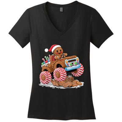 Monster Truck Gingerbread Man Funny Christmas Baking Women's V-Neck T-Shirt