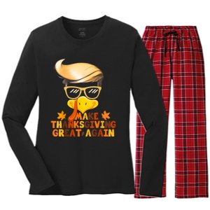 Make Thanksgiving Great Again Trump Turkey Funny 2024 Women's Long Sleeve Flannel Pajama Set 