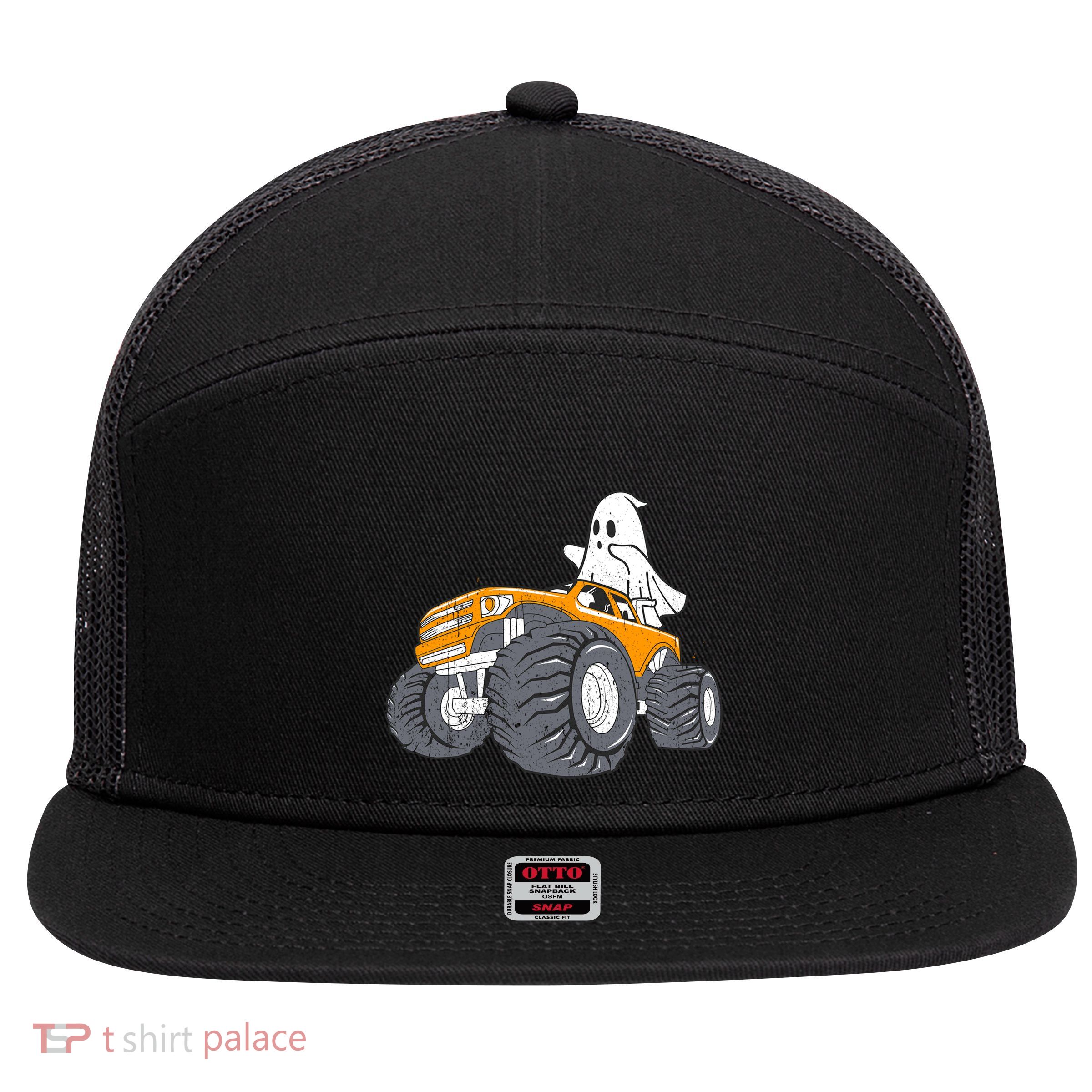 Monster Truck Ghost Halloween Spooky Pumpkin Halloween Fan Gift 7 Panel Mesh Trucker Snapback Hat